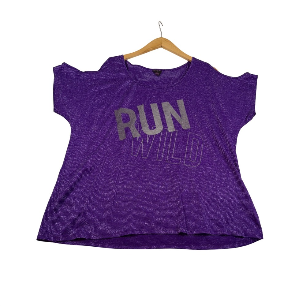 Material Girl Active Women 1X Purple Metallic Cold Shoulder Run Wild Graphic Top